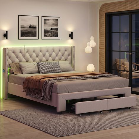 Lit 140x190 avec LED, cadre de lit 2 places avec tiroirs, lit adulte 140x190 avec sommier et Prise USB, Velours (1/5)
