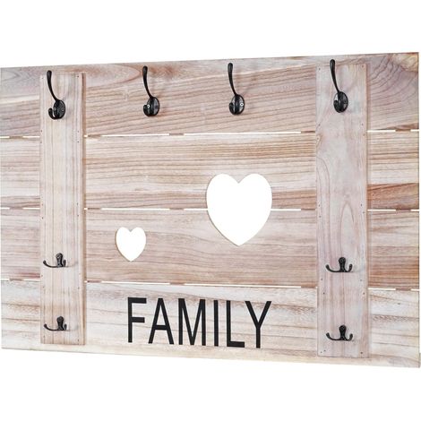 Wandgarderobe HHG-929 Family, Garderobenpaneel Garderobe, Shabby-Look Vintage, 8 Haken 60x90cm naturbraun