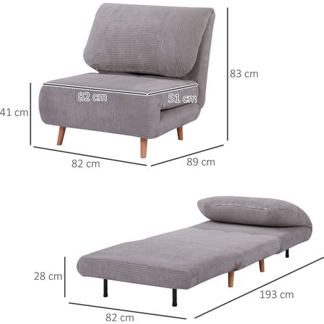 Canapé-lit 2-en-1, fauteuil convertible, matelas pliant réglable, lit d'appoint, lit escamotable, aspect velours côtelé pour chambre et salon, gris clair (1/5)