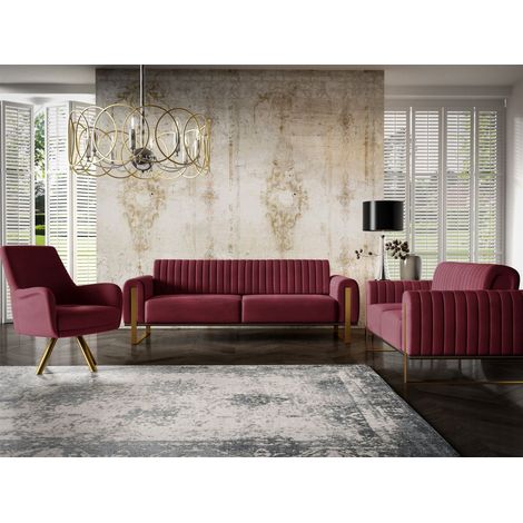 Sofaset Designersofas VALERIE 3-2-1 in Stoff Stoff Elisa Velvet Bordeauxrot (1/5)