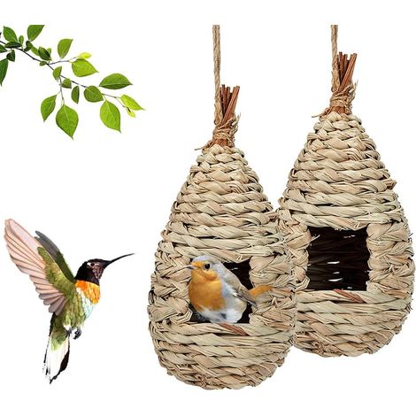 Casitas para pájaros, 2 piezas, casitas para pájaros silvestres, nido para pájaros hecho a mano, casita colgante para pájaros pequeños, 11,5 x 22 cm
