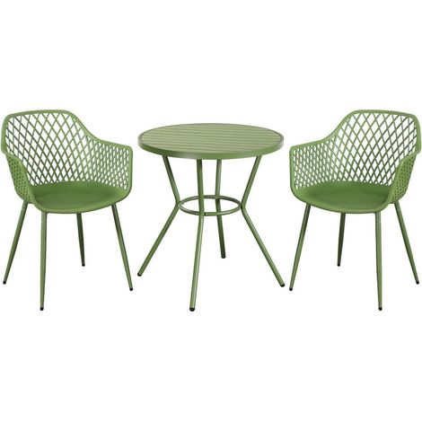 3 Piece Bistro Garden Set with 2 Lattice Armchairs and Round Table - Plastic/Metal - L42.5 X W56.5 X H84.5 cm - Moss Green - Flat Packed