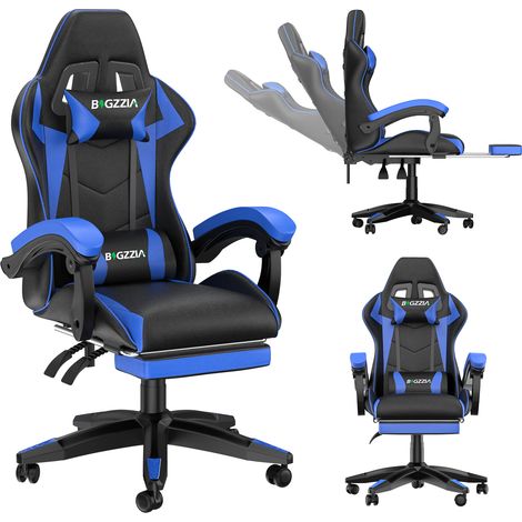 Gaming-Bürostuhl mit ergonomischer Fußstütze, 90°-Drehfunktion, Lendenkissen und Kopfstütze, höhenverstellbar – Blau