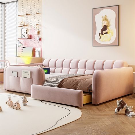 Lit 90x200cm - Lit Enfant Rembourré avec Veilleuse, Port de Charge USB & Grand Tiroir de Rangement - Velours Rose (1/5)