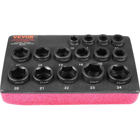 VEVOR Set di Bussole a Percussione 9,5 mm, Set di Bussole Metriche 15 Pezzi 10-24 mm, Acciaio Legato al Cr-Mo per Riparazione Auto, Marcature delle Dimensioni Facili da Leggere Costruzione Resistente (1/5)