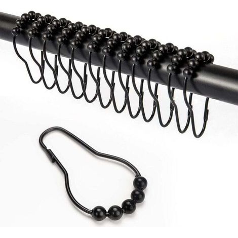 Set mit 12 schwarzen Duschvorhanghaken, Edelstahl-Gleitringe für Badezimmer-Duschvorhangstangen