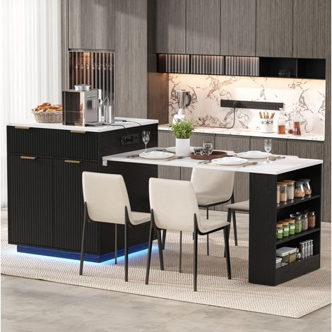 Îlot de cuisine avec table extensible, LED et roulettes, noir, 127,5–205 x 67 x 92 cm (1/5)