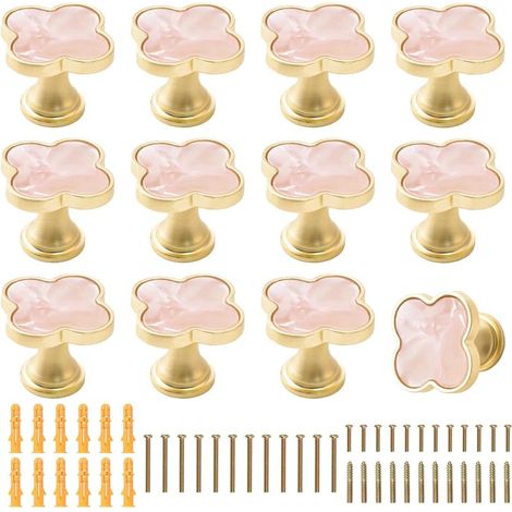 Lot de 12 poignées de tiroir créatives en alliage de zinc à trou unique pour commode, armoire, porte, meubles, base dorée avec surface rose (1/5)