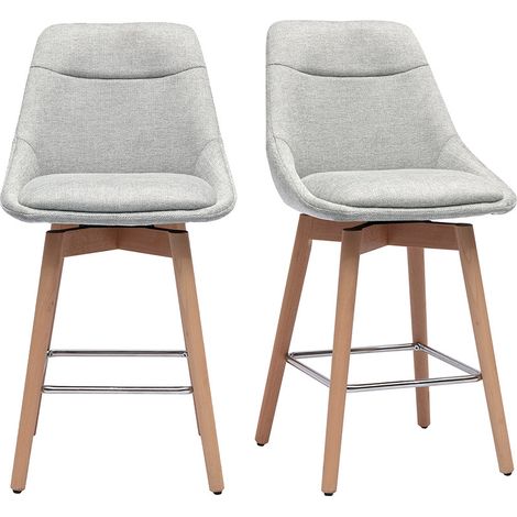 Skandinavische Barhocker mit 360° Drehfunktion aus grauem Samteffekt Stoff und hellem Holz H65 cm (2er Set) ALESS