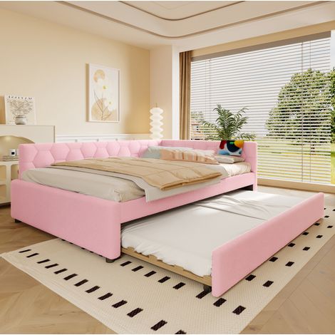 Cama nido infantil 140x200 cm de tela rosa, ahorra espacio, sin colchón (1/5)