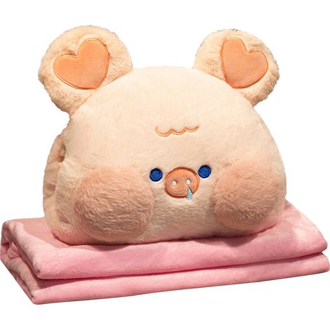 Oreiller de voyage en peluche avec couverture et poche chauffante - Cochon doux pour maison, bureau et déplacements (1/5)