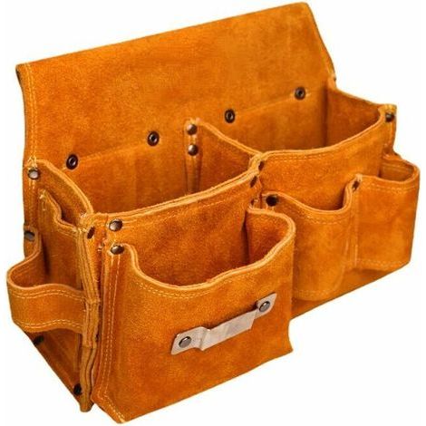 Sacoche de charpentier en cuir suédé – Ceinture porte-outils avec poches doubles – Dimensions 26x9x18 cm – Couleur jaune vif pour visibilité (1/3)