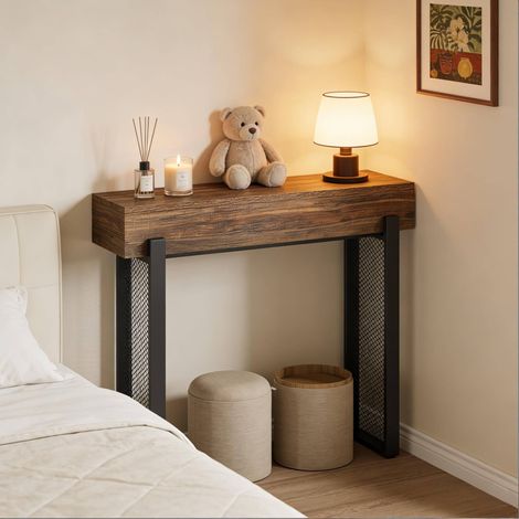 Table console compacte noire et marron rustique en métal et bois avec rangement dissimulé (1/5)