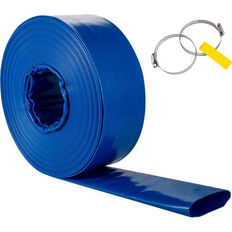 Tuyau de refoulement 51 mm x 32 m, toile PVC renforcée, haute résistance, avec colliers, étanche aux intempéries, idéal pour piscine et transfert d'eau, bleu. (1/5)
