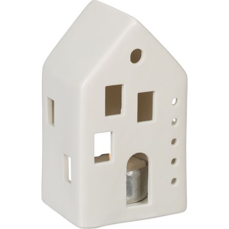 Relaxdays Casetta Portacandele in Ceramica, Casa Luminosa Porta-Tealight, per 1 Candelina, HLP: 12 x 7 x 6 cm, Bianco