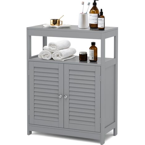 Bathroom Floor Cabinet Wooden Storage Organizer Freestanding Double Shutter Door (1/5)