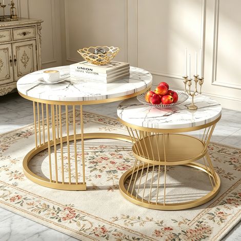 Set aus 2 ineinander schiebbaren Couchtischen – Tischplatte in weißer Marmoroptik, V-förmige Eisenbeine, modernes Design für Wohnzimmer, Schlafzimmer und Büro