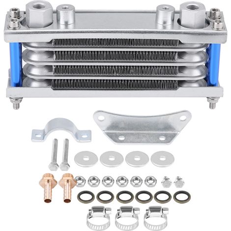 Refroidisseur d'huile moteur universel radiateur aluminium argent/noir opt 200x100x45mm 80ml moto tout-terrain pit bike 50-200cc horizontal + kit (1/5)