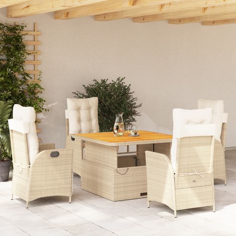 Ensemble à Manger Jardin 5 Places Poly Rottin Beige - Table Relevable et Fauteuils inclinables avec Coussins Détachables (1/5)