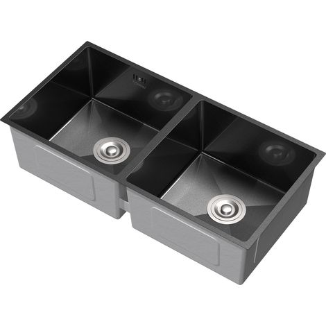 ML-Design Lavello Doppio in Acciaio Inox 81,5 x 40 cm Lavabo da Cucina Rettangolare Antracite 2 Vasche Lavandino Sottopiano con Set di Scarico e Troppopieno Doppia Vasca con Sifone