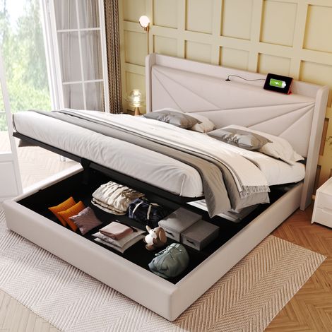 Letto imbottito letto matrimoniale box contenitore con funzione di ricarica USB tipo C testiera, letti con contenitore giroletto in materiale lino letto per ragazzi 180x200 con rete a doghe (senza mat (1/5)