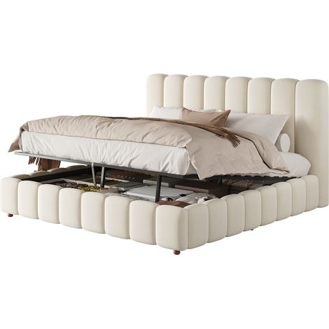 Letto matrimoniale 180x200 cm in velluto beige con contenitore, senza materasso FloraGrace (1/5)