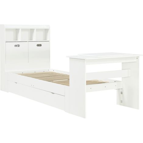 Letto per bambini 90x200 cm con contenitore, cassetto reversibile e tavolo pieghevole, bianco (1/5)