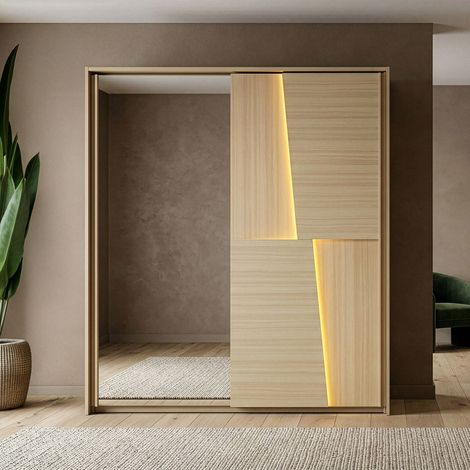 Armoire 2 portes avec LED et miroir 242x67x220 cm décor chêne clair (1/5)