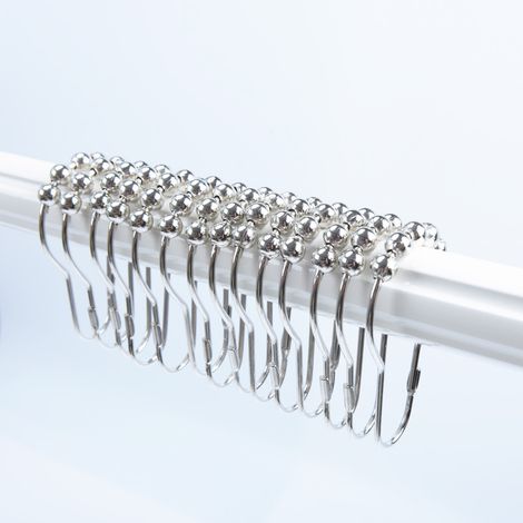 Lot de 24 Anneaux de rideau, Acier poli finition nickelée, Billes sphériques anti-friction, Crochets robustes fermés, Pour salle de bain (1/5)