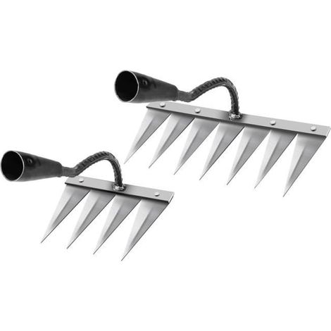 2 pièces multifonctionnel désherbage houe râteau herse jardinage pelouse nivellement desserrer le sol ferme 4 dents 7 dents (1/4)