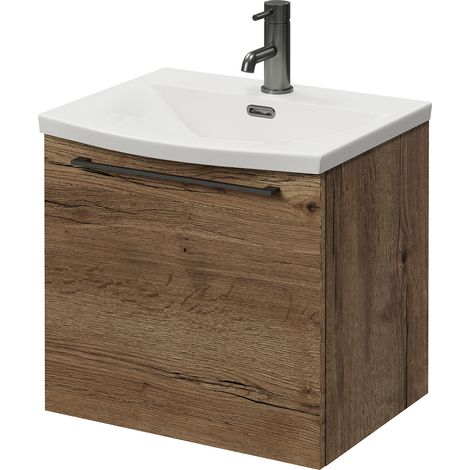Napoli 390 Tobacco Oak 500mm Wall Mounted Single Drawer Vanity Unit with Arc Basin - 500mm - Gunmetal Grey 320mm Handle