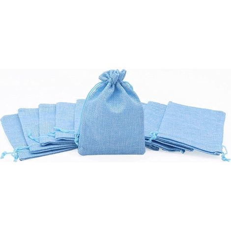 QAZQA Pochettes Sachets en Lin Chanvre, Sac Toile de Jute avec Cordon de Serrage, Pochette Lin Réutilisable pour Mariages Bijoux la Fête Bricolage 10pcs 15x20cm (Bleu)