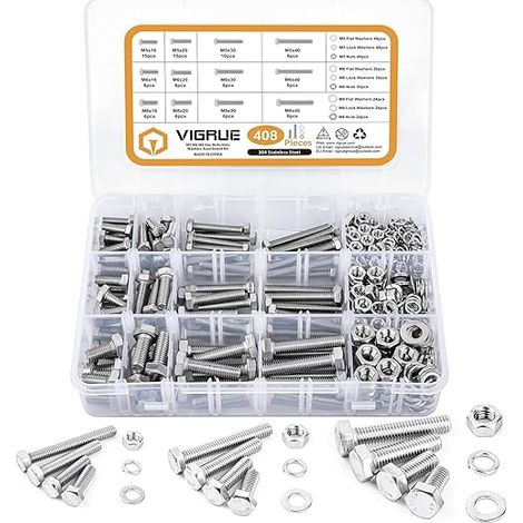 408 Stück M5 M6 M8 Sechskantschrauben Edelstahl A2 Schrauben Set mit Muttern Unterlegscheiben DIN933 Bolzen Vollgewindeschrauben Maschinenschrauben Gewindeschrauben zur Reparatur (1/5)