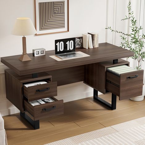 Bureau simple de 135 x 54 cm, tiroir silencieux, tiroir à dossiers suspendus, résistant aux éclaboussures, grand plateau, rangement optimisé, marron (1/5)