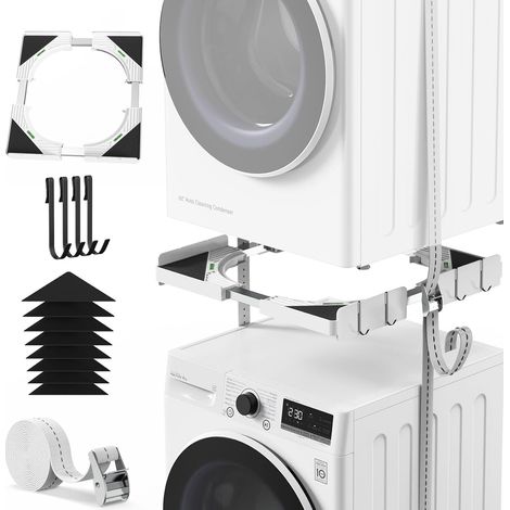 Slimline Kit de Empilage pour Lave-linge et Sèche-linge Cadre Intermédiaire Universel Réglable 45-68 cm, avec Corde à Cliquet, Tampons Anti-Vibration et 4 Crochets (1/5)