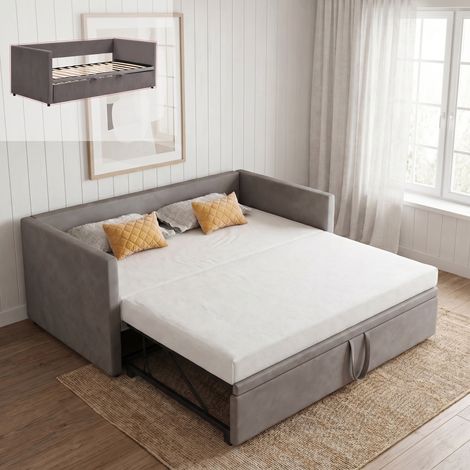 Lit gigogne 90x200/180x200 extensible, canapé lit 3 en 1, lit adulte, lit double capitonné avec sommier, gain de place, velours, style moderne, Gris