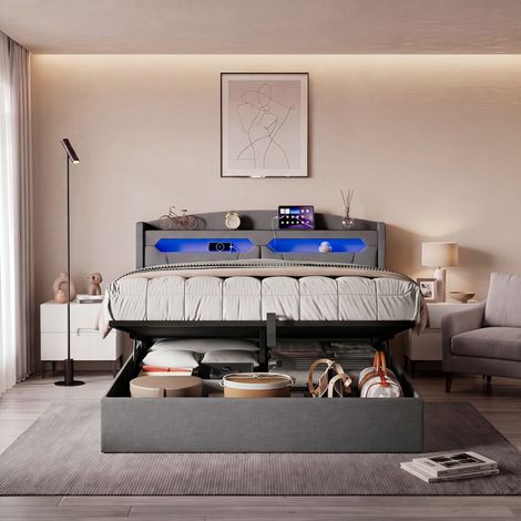 Lit capitonné avec LED, lit double avec espace de rangement et tête de lit USB, coffre de rangement hydraulique, cadre de lit pour adolescent,Gris-140 x 200 cm (1/5)