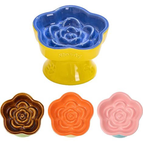 Raised Cat Slow Feeder Bowl, Ceramic Raised Pet Dishes, No Black Chin, Flower Shaped, for Dry and Wet Food, Non-Slip, Dishwasher Microwave Safe (Blue) (1/5)