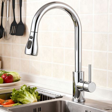 Océan Robinet de cuisine monocommande Acier inoxydable, Douchette extractible, 2 modes, cartouche céramique, mitigeur évier cuisine, finition chromé (1/5)
