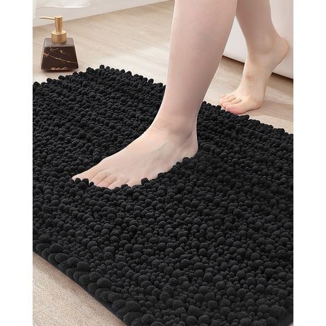 Tapis de salle de bain 50,8 x 81,3 cm super doux en chenille épaisse, absorbant, antidérapant, lavable en machine, tapis de bain moelleux pour baignoire, sol de douche, noir (1/5)