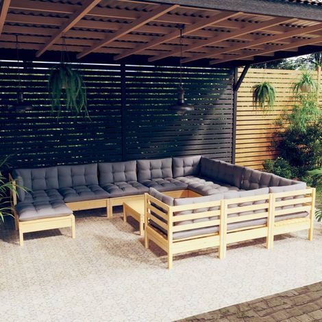 12-tlg. Garten-Lounge-Set mit Grauen Kissen Kiefernholz vidaXL (1/5)