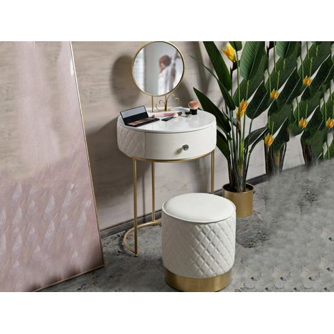 Dmora - Comodino Tocantins, Comò basso, Tavolino da notte, Mensola da letto, 52x52 h70 cm, Bianco e Oro (1/5)