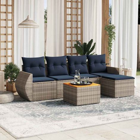 Salon de jardin modulable 6 pièces en rotin PE gris avec coussins bleu marine, 46.4kg - PANGIVO (1/5)