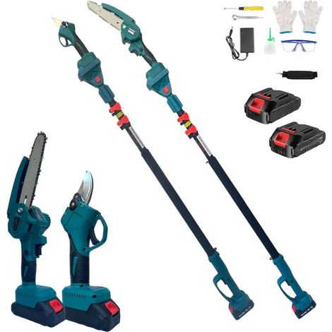 KIT POTATURA MINI MOTOSEGA 6″ + FORBICI CESOIA A BATTERIA CON ASTA TELESCOPICA