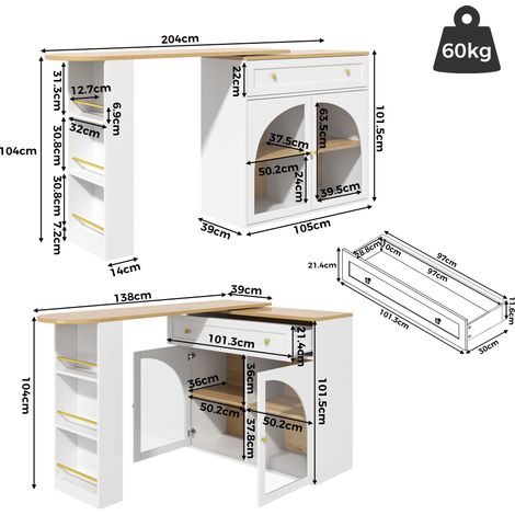 Table de bar extensible avec rangement (138-204×39×104cm), bar pivotant à 360°, table de bar mobile moderne, table haute de cuisine/îlot de bistrot, buffet avec étagères et vitrine, blanc (1/4)
