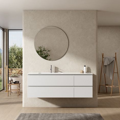 Mobile bagno sospeso 140 cm Bianco Lavabo a Sinistra in Resina Specchio Tondo - Fiji Wood (1/4)