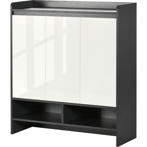 High Gloss Shoe Cabinet with White Doors Open Shelves, Hallway Shoe Cupboard Storage Organizer for 19 Pairs of Shoes, Grey (1/5)