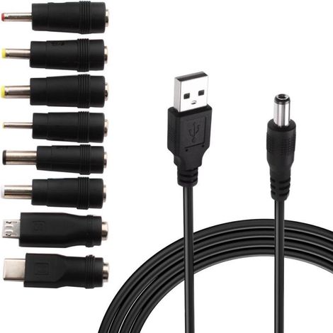 cable usb vers dc 5v,Câble USB vers DC d'alimentation,8-en-1 DC adaptateur alimentation 5.5 x 2.1mm DC Barrel Jack pour Ordinateur Portable, Routeur etc(1m, noir) (1/4)