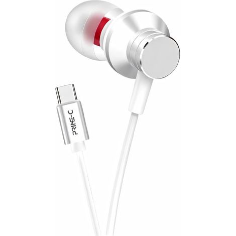 Écouteurs filaires USB-C, oreillettes en métal avec microphone et embouts en caoutchouc souple - blanc