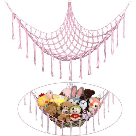 Paquete de 2 redes de almacenamiento para juguetes de peluche, organizador colgante para juguetes para el rincón de la habitación infantil, hamaca de macramé de tela para animales de peluche y ositos  (1/5)
